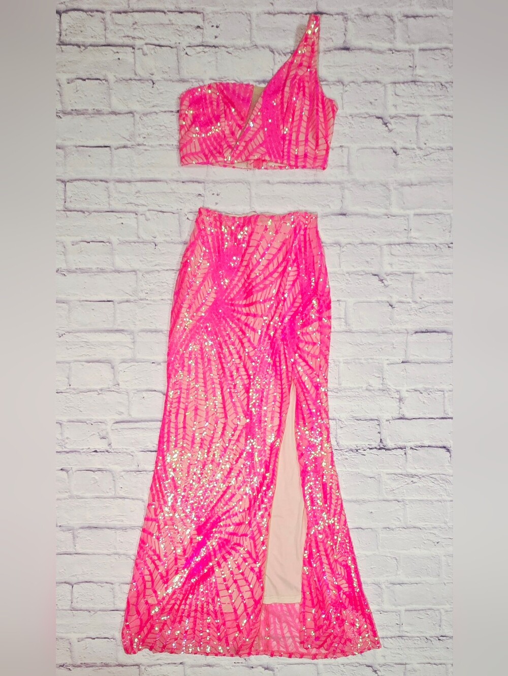 Neon Pink Sequin Two Piece Formal Gown Set One Shoulder Mermaid Dress
